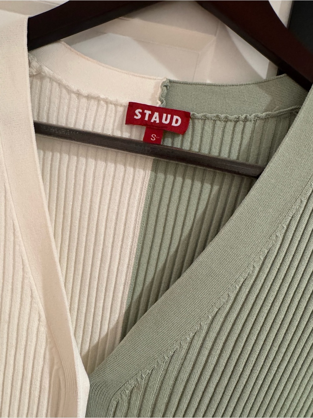 STAUD Two-Tone Ribbed Button-Front Maxi Dress in Cream & Sage - Picture 3 of 6